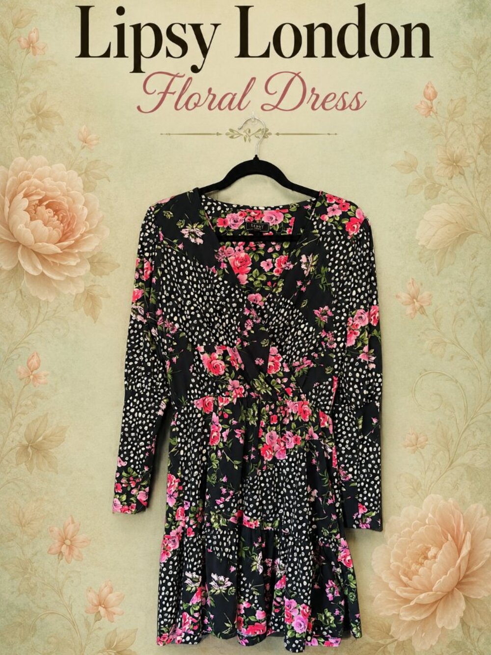 Lipsy London Black Pink Floral Long Sleeve Wrap Dress